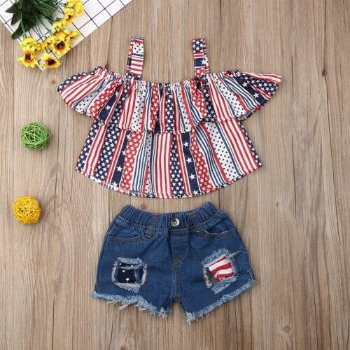 Summer Baby Girl Off Shoulder Ruffle Striped Cropped Tops Toddler Shorts Outfits Girls Clothes Set 2Pcs Set