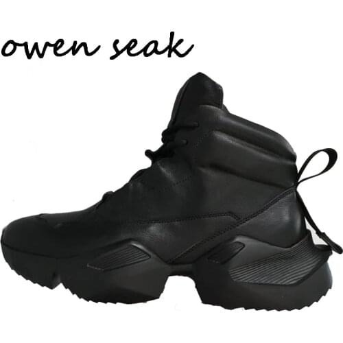 Owen Seak Men Ankle Boots Genuine Leather Height Increasing Luxury Lace Up Trainers Snow Boots Casual Flats Black White Shoes