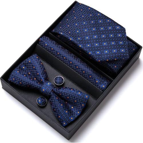 Mens Luxury Paisley Blue Silk Tie Pocket Squre Cufflinks Bowtie Set in Gift Box For Men Gift