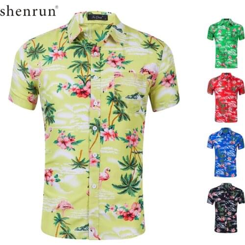 Shenrun Men Shirts Summer Short Sleeve Palm Tree Flamingo Print Beach Hawaiian Pattern Casual Shirt For Man Red Blue Green Black