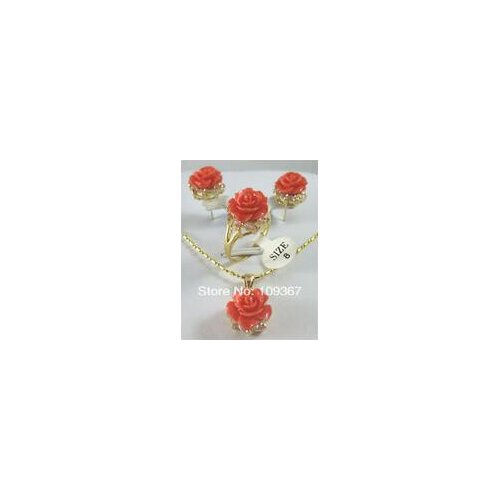 Grade latest Wholesale womens fine Noblest ladys fine 12MM Pink&red Coral Carved Flower Earrings Ring Necklace Pendant set