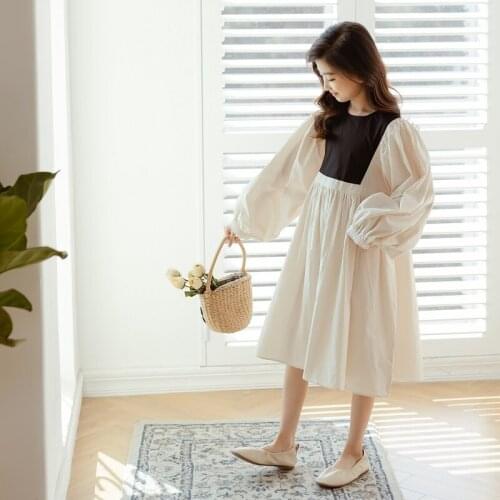 2021 New Autumn Teenage Girls Dress Two Colors Patchework Kids Soft Cotton Drseses Children Baby Clothes Lantern Sleeve, #2001