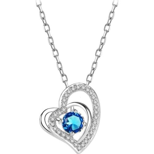 New Women Necklace 925 Sterling Silver Engagement Jewelry Luxury Crystal Blue Zircon Heart Pendant Necklaces Lady Gifts KOFSAC
