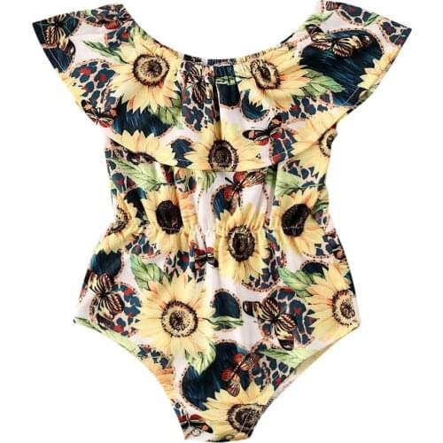 1-5Y Toddler Baby Girl Kid One Piece Sunflower Swimsuit Ruffles Short Sleeve Off Shoulder Print Bikini Tankini Swimwear