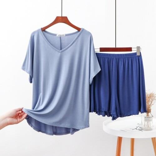 2 Piece Set Cotton Homewear for Women Solid Color Loose Pajamas Short Sleeve T Shirt and Pants Summer Home Clothes For Female