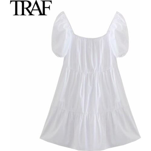 Traf Za Women Fashion White Dress Summer French Square Neck Puff Sleeve Dresses Female Mini Dress Vestidos Mujer