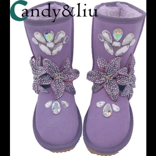 Cowhide purple snow boots heavy beaded rhinestone decoration Lily thick cotton boots shoes