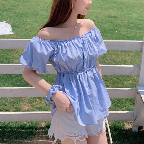 French style romantic blouses femme slash neck off shoulder sexy top female blue shirt elastic slim waist white tops summer new