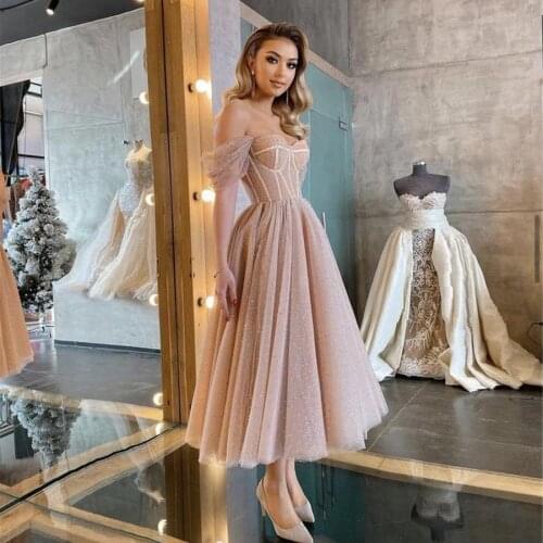 Pink Sweet Homecoming Dress 2021 Off The Shoulder Sequins Shiny Tulle A-line Women Formal Evening Party Vestidos Elegant Gowns