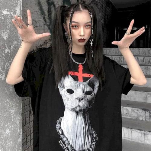 Punk shirt Top Streetwear Korean Harajuku Hong Kong style retro dark half sleeve Tshirt BF hip hop loose T-shirt for men women