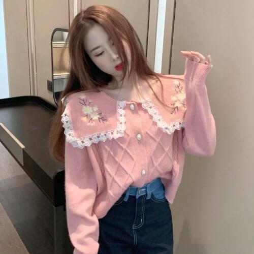 Hot Sale Pure Color Chiffon Lace Border Doll Collar Long Sleeve Students Ladies Sweater Printed Knit Cardigan 2020 Women Tops