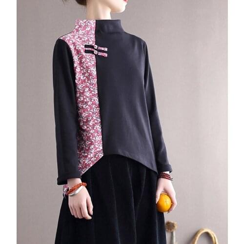 Women Loose Patchwork Irregular Length Tops T-shirt Female Vintage Cotton Autumn Spring Tees Shirt Ladies Tee Shirt