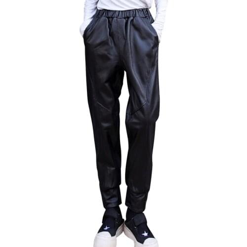Leather Black Pants Genuine Sheepskin 2021 New Women Elastic Mid Waist Harem Pants Lady Streetwear Spring Autumn Loose Trousers