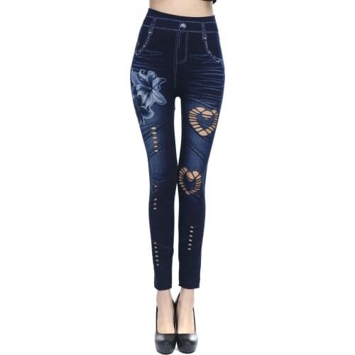 Women Leggings High Waist Elastic Imitation Jeans Hollow Stretchable Slim Jeans Pencil Pants KALENMOS Trouser Autumn Plus Size