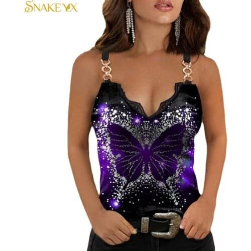 SNAKE YX Womens Top Lace V-neck Butterfly Printed Sexy Sleeveless Tank Top Soft and Comfortable Plus Size Shirt