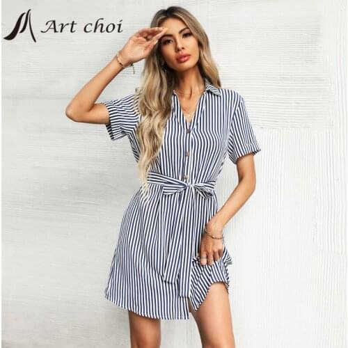 2021 Women Mini Striped Dress Fashion Summer Petticoat Button Elegant Ladies Party A-Line Belt Vestido Office Shirt Dresses
