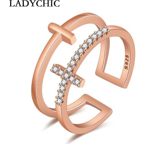 LADYCHIC Hot Sale Opening Creative Cross Jesus Ring Personality Rose Gold & Silver Color Adjustable Rings Jewelry Gifts LR1206