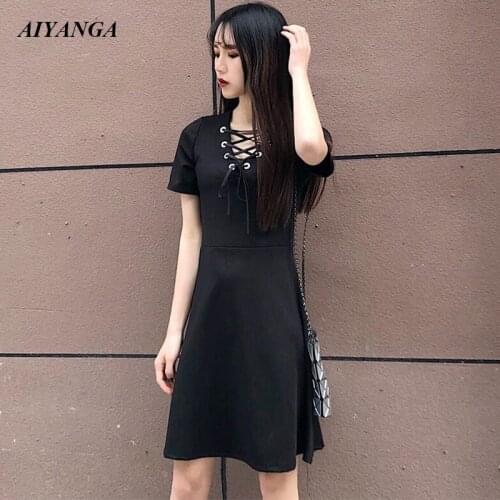 New Arrival Black Dress Women Short Sleeve A-Line Dresses 2019 Spring Summer V Neck Lace Up Slim Lady Dresses Free Shipping