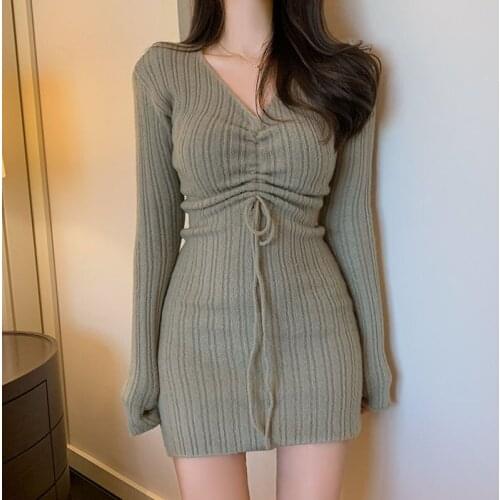 New Autumn Knitted Mini Dress Women V-neck Long Sleeve Drawstring Sexy Bodycon Party Dresses Korean Chic Robe Femme