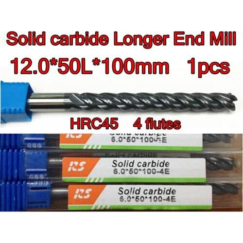 12.0*50L*100mm 1pcs HRC45 4flutes Solid carbide Longer End Mill Processing: steel Free shipping
