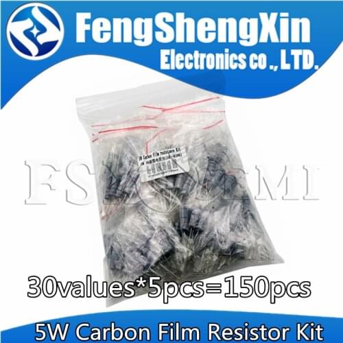30values*5pcs=150pcs 5W Power Carbon Film Resistor Kit Assortment Set 1K ohm-820K ohm 0.1R~750R 5% 100K 10K 47K 470K Resistors