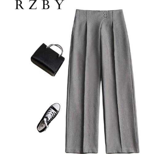 2021 Womens Wide Leg Pants Spring High Waist Zipper Office Lady Long Pocket Trousers Female Vetement Fashion Harajuku RZBY393