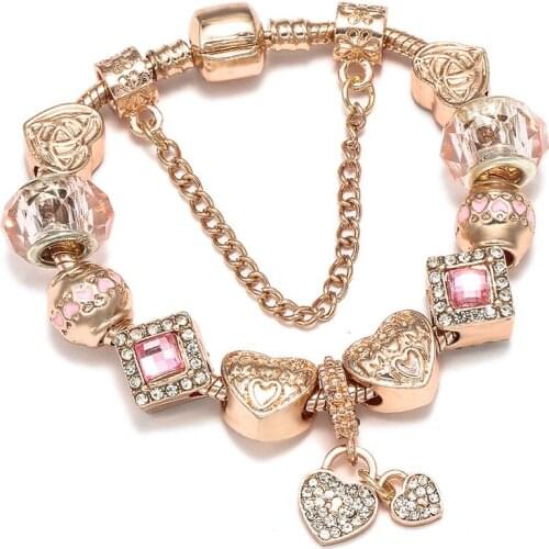 Buipoey Heart Charm Bracelets For Women Original Pink Crystal MOM Love Heart Rose Gold Beaded Bracelet Bangle women Jewelry