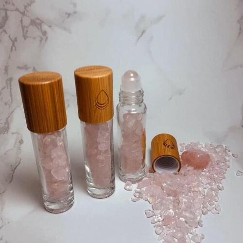 Natural Gemstone Jade Roller Bottle Wood Grain Lid Refillable Essential Oil Bottle 10m Glass with Amethyst Crystal Stone