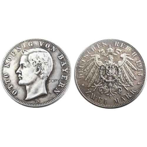 Germany Bavaria 2 Mark 1913 Silver Plated Copy Decorative Coin
