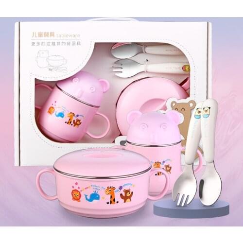304 Stainless Steel Childrens Tableware Baby Heat Preservation Bowl Fork Spoon Water Cup Fall Proof Auxiliary Food Gift Box Set