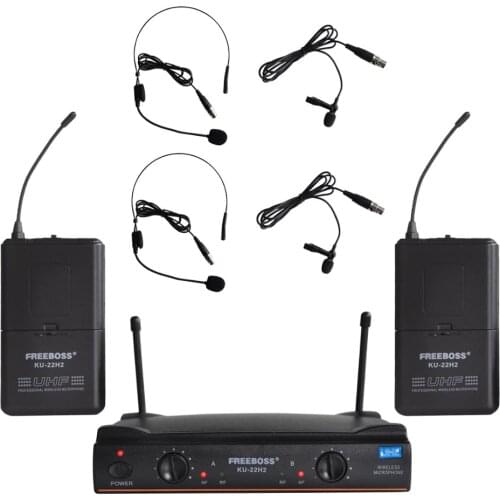 FREEBOSS KU-22H2 2 Bodypack Transmitter 2 Lapel 2 Headset Microphone Dj Karaoke Church School UHF Wireless Microhpone