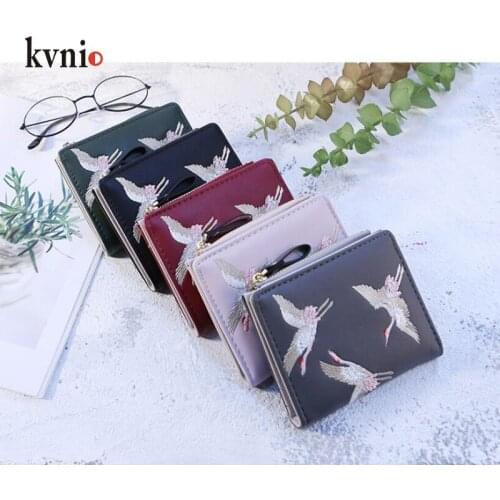 KVNIO New Fashion Swan Embroidery Women Wallets PU Leather Hasp Men Purse With Coin Zipper Pockets Mini Fold Wallet Unisex