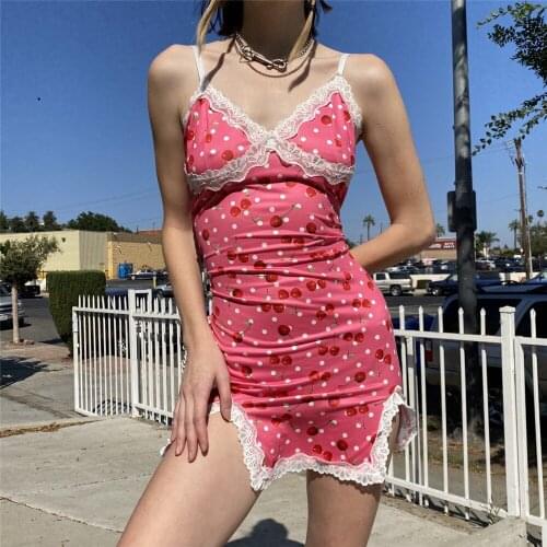 Summer Women Sexy Bodycon Mini Dress Kawaii Cute Cherry Print Spaghetti Strap Sleeveless Lace Trim Patchwork Vestidos 2021
