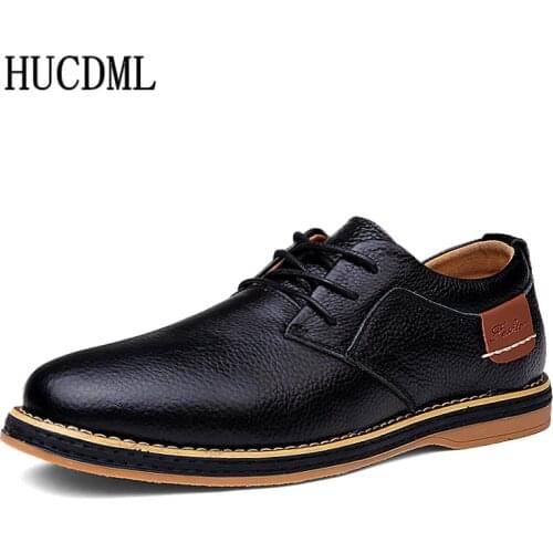 HUCDML Genuine leather mens shoes Solid black blue brown big size 39-48 mens loafers flat casual shoes