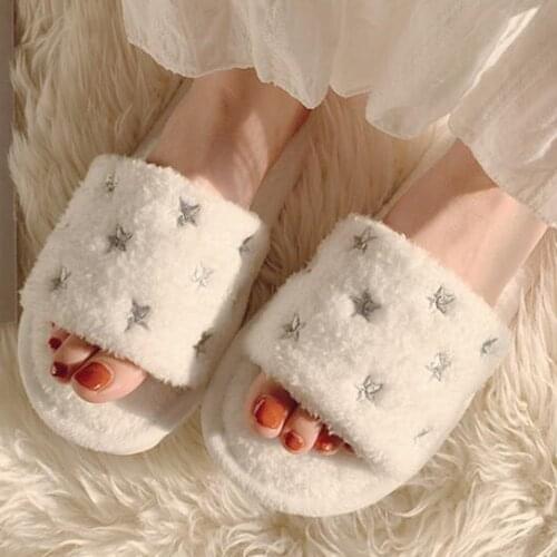 Embroidery Star Soft Womens Home Slippers Fluffy Winter Plush Slippers Warm Fuzzy House Slippers For Women Faux Fur Slides xx521