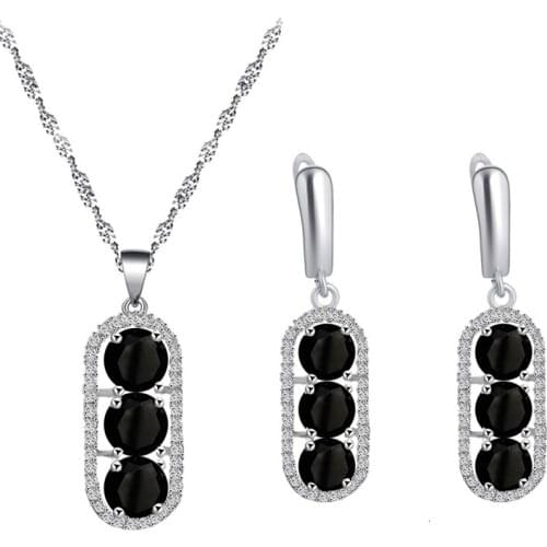 Simple style silver plated black zircon earrings necklace pendant jewelry set classic commemorative gift JS851