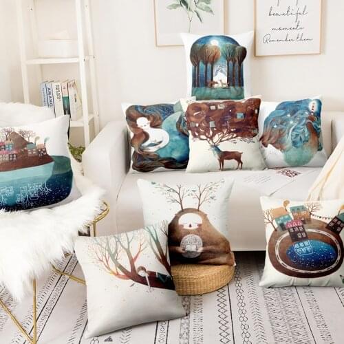 Super Soft Velvet Cartoon Pillowcase Nordic illustration Thin Linen Cushion Decorative Pillows Home Decor Sofa Throw Pillow 17.7
