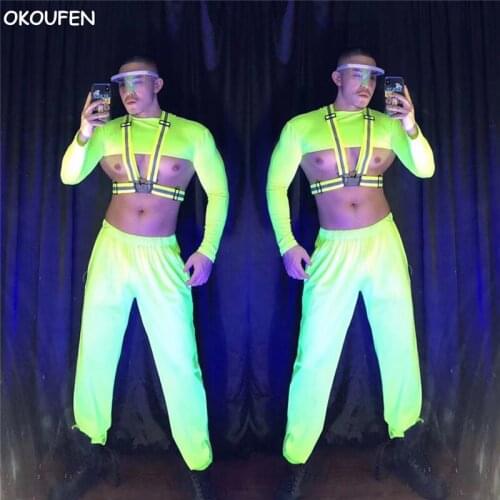 Fashion New Mens Fluorescent Green Straps Costumes Suits Bar Male Singer DS hip-hop Jazz Dance Clothing Stage Performance Wear