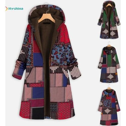 Autumn and Winter New Splicing Color Contrast Plush Cotton Coat Ethnic Style Hooded Zipper Long Womens Clothing