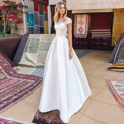 Smileven Modest Satin Wedding Dresses Cap Sleeve Vintage Lace Bridal Gowns Robe De Mariage Appliques Wedding Gowns With Bow