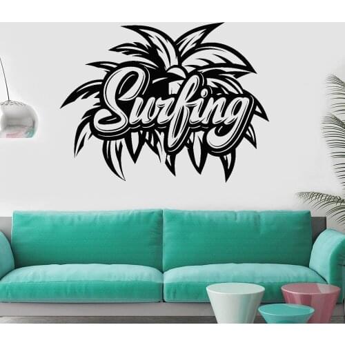 Surfing Lettering Wall Decal Beach Palm Leaves Vacation Style Vinyl Wall Sticker Living Room Man Cave Furnishing Decorative Z263