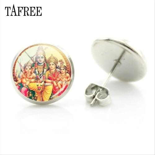TAFREE God Brahma Lord Shiva Vishnu Stud Earrings New Art Picture Glass Cabochon Dome Men Women Hinduism Jewelry LS60