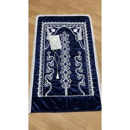 Navy blue Velvet Prayer Rug 3 Piece Dowries Bohça Bride Groom Set