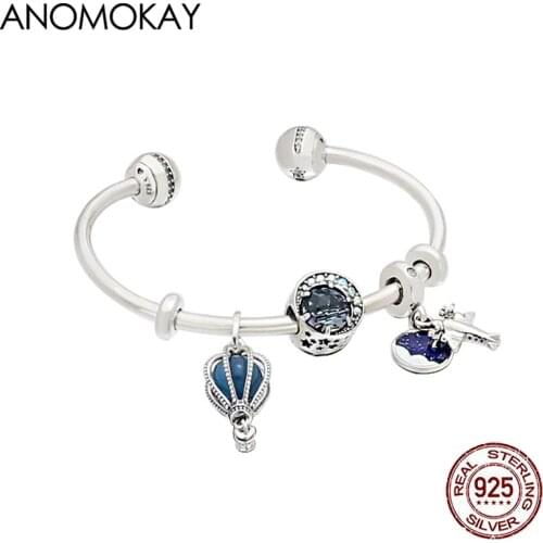 Dark Blue Romantic Travel Hot Air Ballon Airplane Silver Pendant Charm Bangle Real Sterling 925 Silver Open Bracelet & Bangle