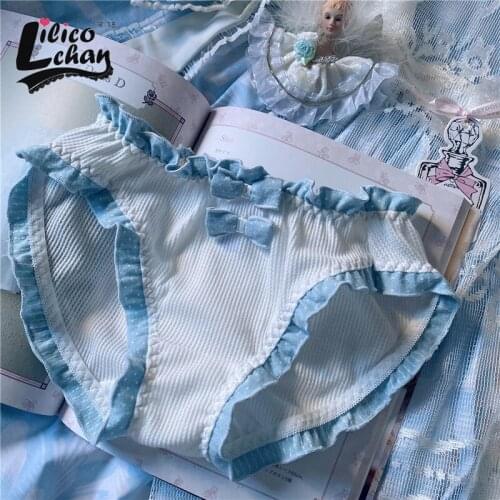 Lilico Japanese Cute Bow Briefs Sexy Low Waist Waffle Cotton Shorts Comfortable Womens Underwear Ruffled Cute Panties New