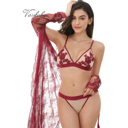 Varsbaby sexy embroidery wire free thin cup bra set robe+bras+thongs 3pcs S-XL for women