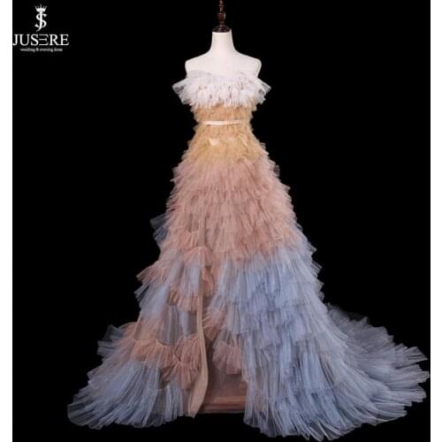 JUSERE vestido de festa longo Evening Dress Strapless Champagne & Blue Long Evening Dresses 2019 Sweep Train Prom Gowns