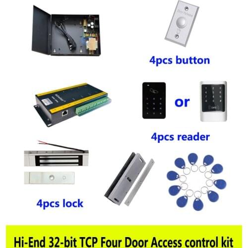 Hi-end access control kit,TCP four door+power+180kg magnetic lock+U-bracket+ID touch keypad reader+button+10 ID tag,sn:kit-AT404