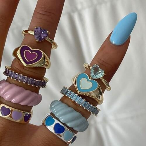 Korean Style Blue Purple Rings for Women Punk Trendy Vintage Heart Ring Small Daisy Flower Rings Party Couple Rings