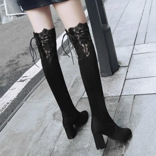 Sexy Womens Over The Knee Boots Thick Heels Women 2021 High Heels Boats Fashion Female Embroidered Hollow Out Women Botas